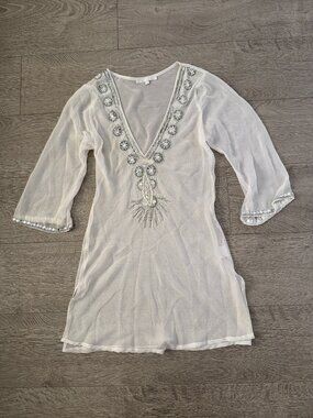 White Diamonds dress mini Sheer Embellished Beaded Tunic Cover Up Women's Small